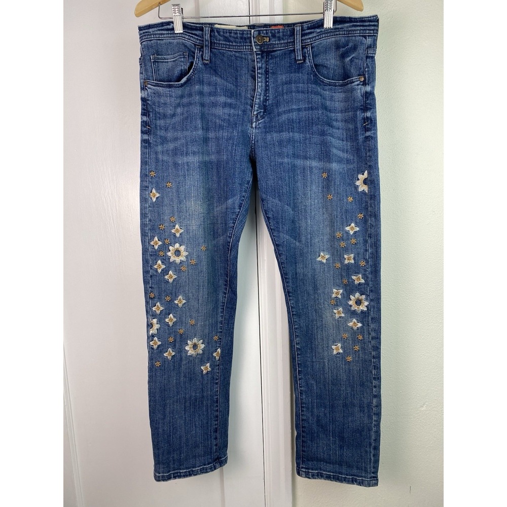 Anthropologie Pilcro Women's 32 Hyphen Floral Embroidered Blue Denim Jeans